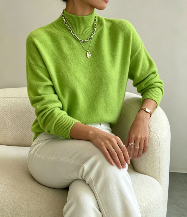 Women's Cozy Fine-knit Pullover with Stand-up Collar and Drop Shoulder
