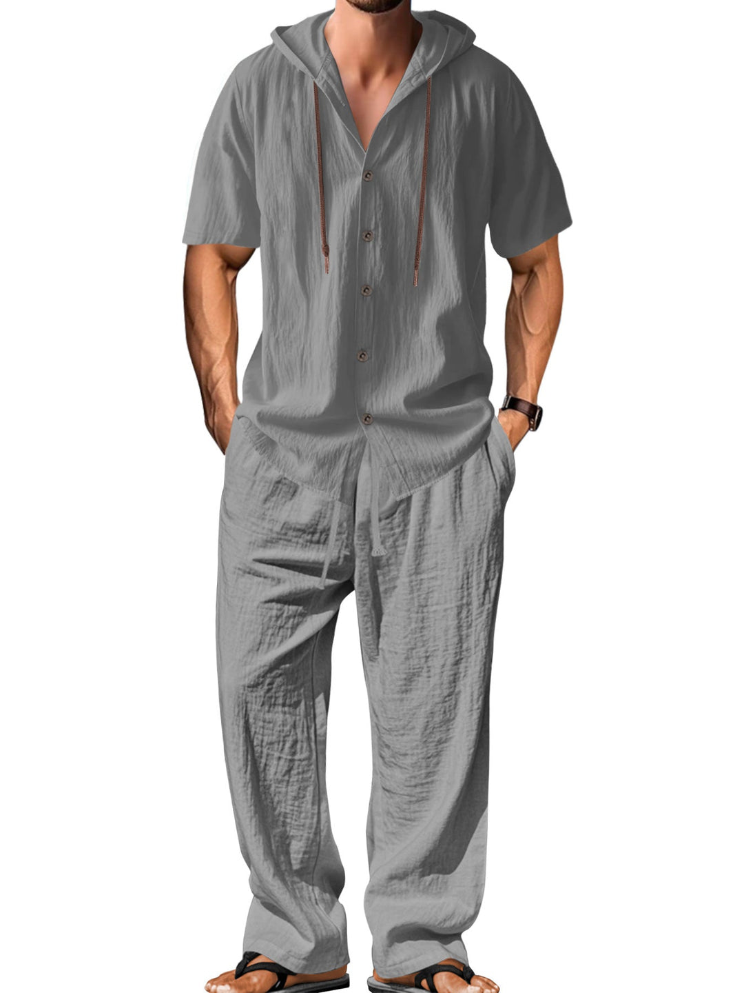 Men's Airy Linen Lounge Set with Short-sleeved Hoodie and Straight Relaxed Pants