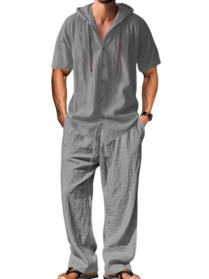 Men's Airy Linen Lounge Set with Short-sleeved Hoodie and Straight Relaxed Pants