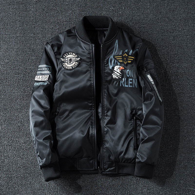 Men's Patch-detail Glossy Flight Bomber with Ribbed Trims