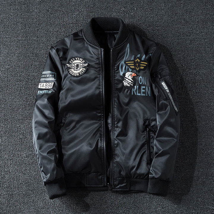 Men's Patch-detail Glossy Flight Bomber with Ribbed Trims