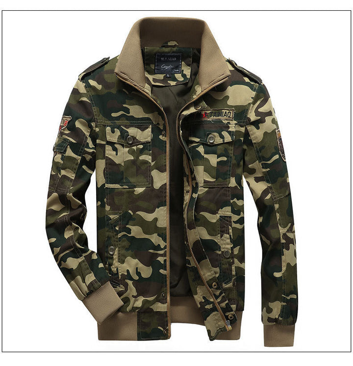 Men's Camouflage Utility-Style Field Jacket with Ribbed Cuffs and Shoulder Flaps