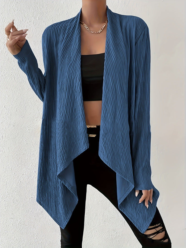 Women's Open Crinkle Cardigan with Waterfall Hem and Longline Silhouette