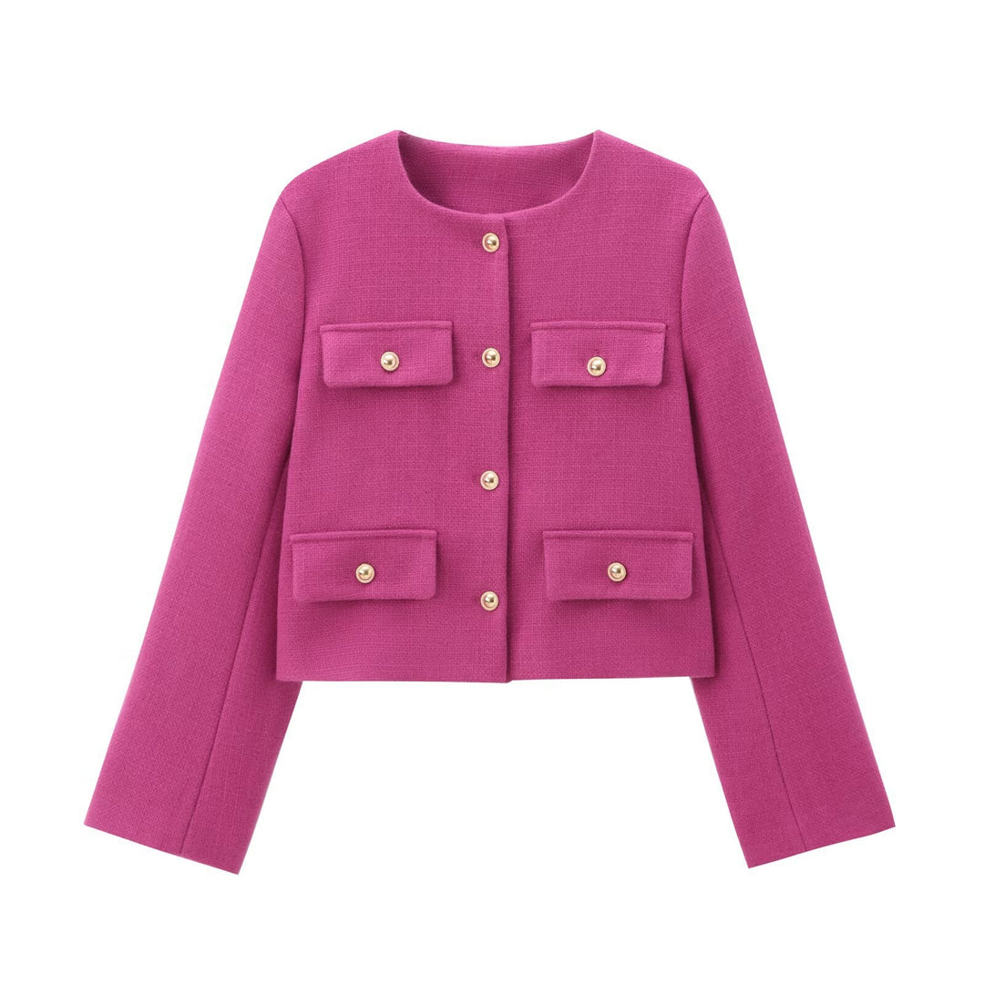 Women's Short-cut Bouclé Tweed Jacket with Round Neckline Decorative Button Details and Attached Flap Pockets