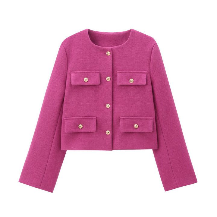 Women's Short-cut Bouclé Tweed Jacket with Round Neckline Decorative Button Details and Attached Flap Pockets