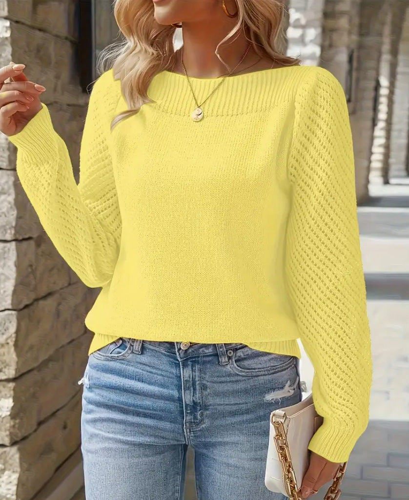 Women's Fine Knit Sweater with Ajour Puff Sleeves and Bateau Neckline
