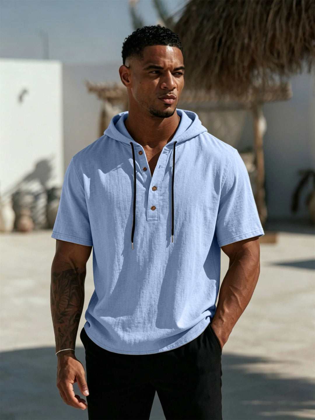 Men's Short Sleeve Hoodie Henley in Linen Look with Button Placket