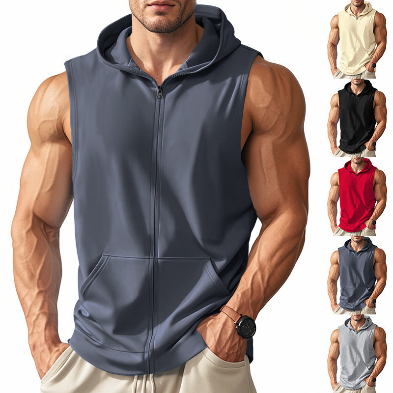Men's Muscle-fit Training Hoodie Vest with Zipper and Kangaroo Pocket