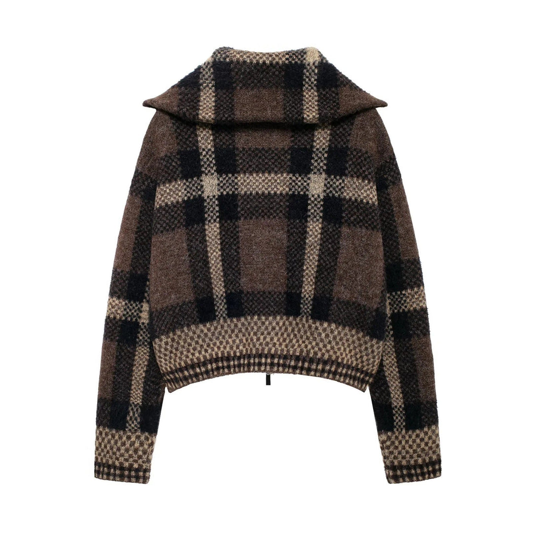 Women's Short Checked Melange Knit Sweater with Half Zipper Collar