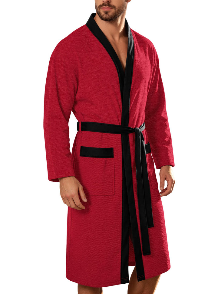 Men's Lightweight Cotton Kimono Bathrobe with Waffle Texture and Patch Pockets