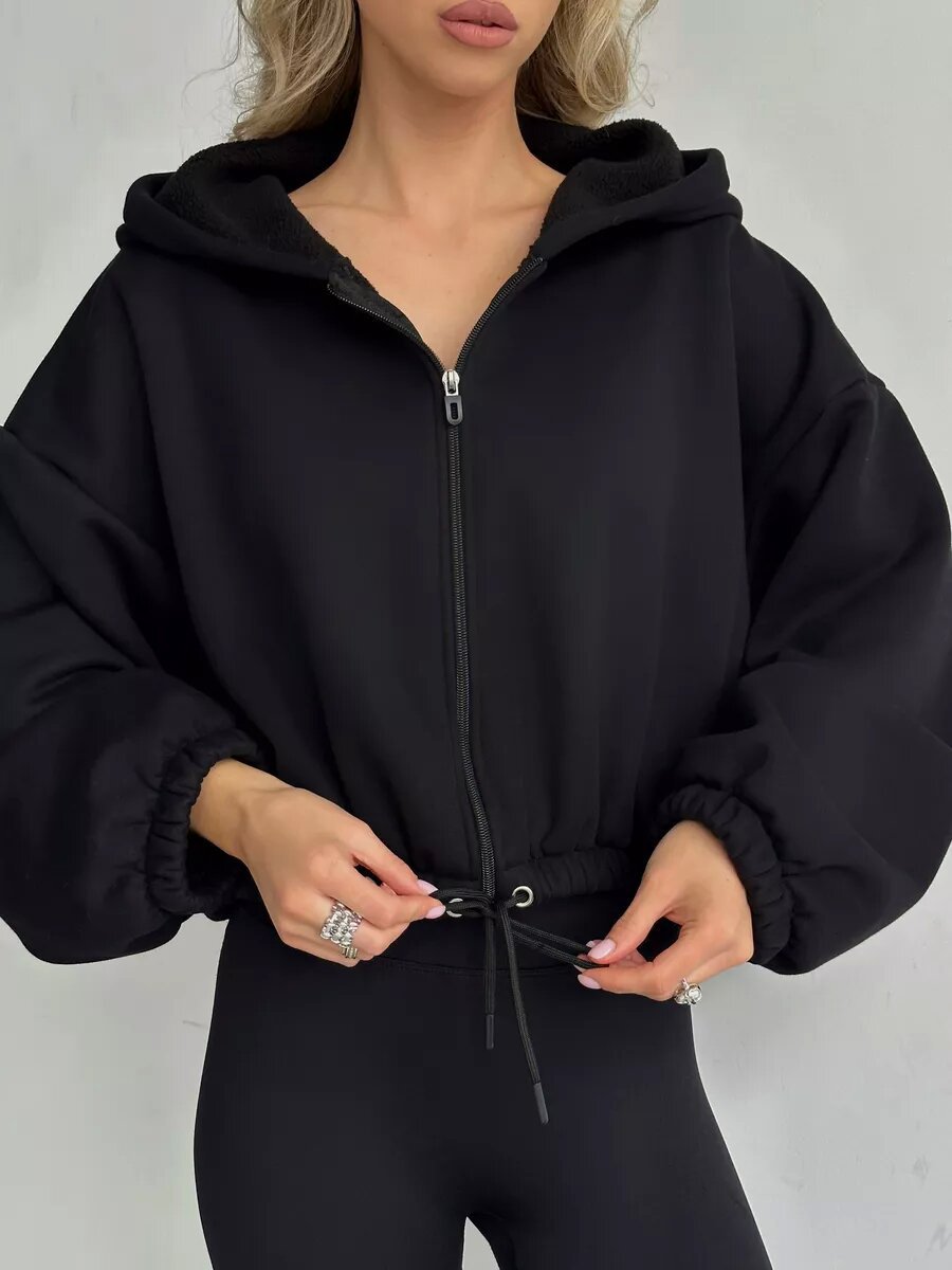 Women's Short Hooded Jacket with Drawstring Waistband, Balloon Sleeves, and Half-height Zipper