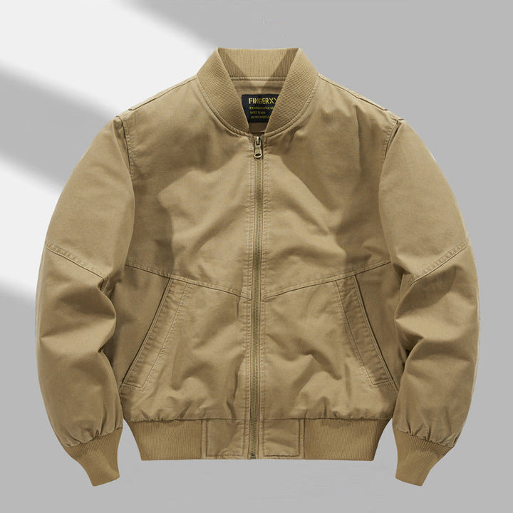 Men's Military-inspired Canvas Utility Bomber Jacket with Reinforced Elbow Panels and Angled Welt Pockets