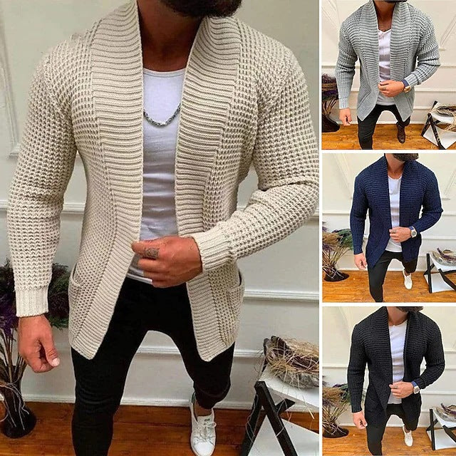 Men's Knitted Cardigan with Shawl Collar and Textured Waffle Pattern