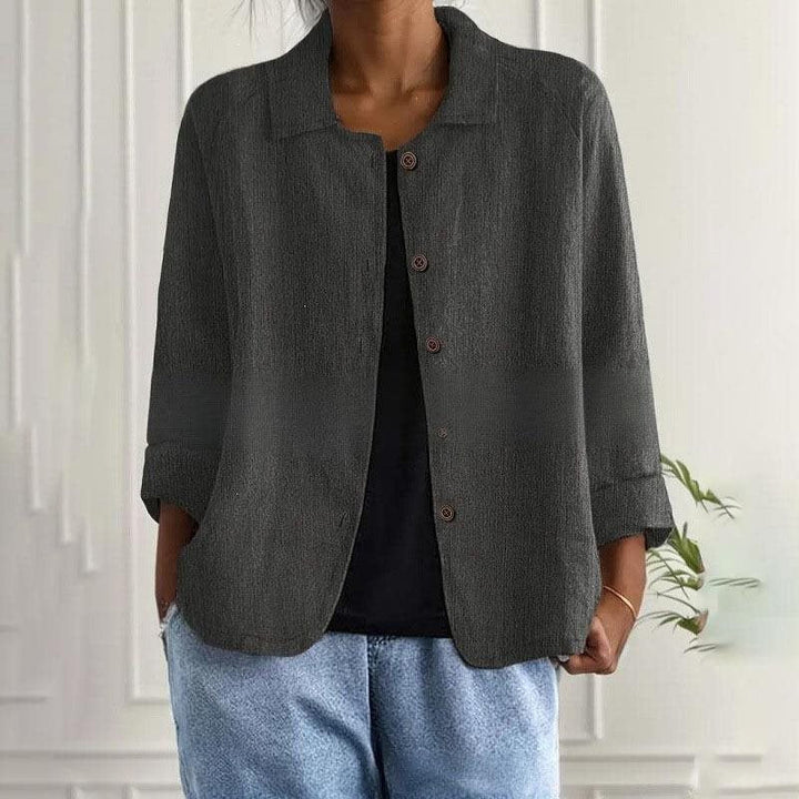 Women's Oversized Linen Shirt Jacket with Shirt Collar, 3/4 Sleeves and Continuous Button Placket