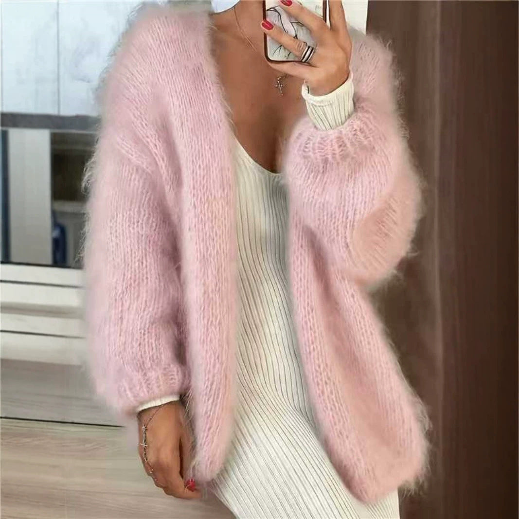 Women's Fluffy Oversize Mohair-Optic Cardigan with Open Cut and Balloon Sleeves