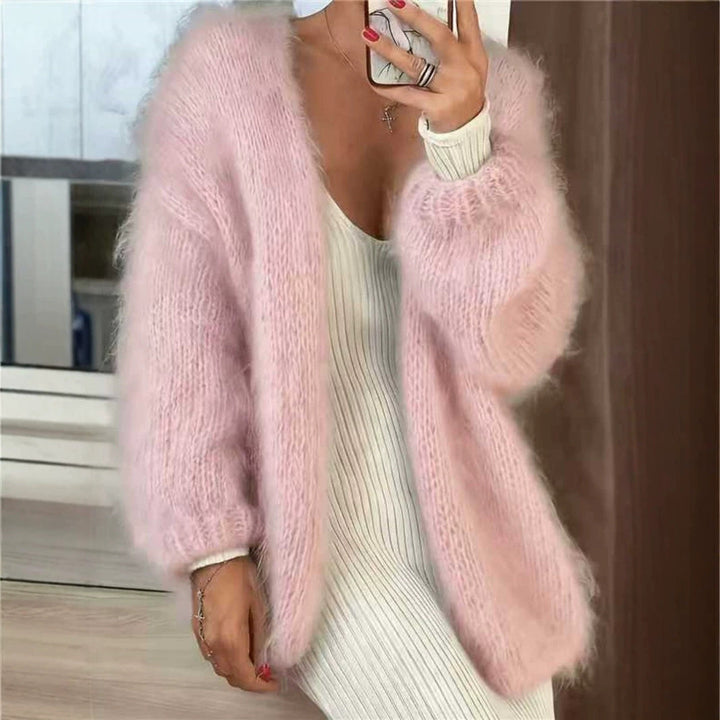Women's Fluffy Oversize Mohair-Optic Cardigan with Open Cut and Balloon Sleeves