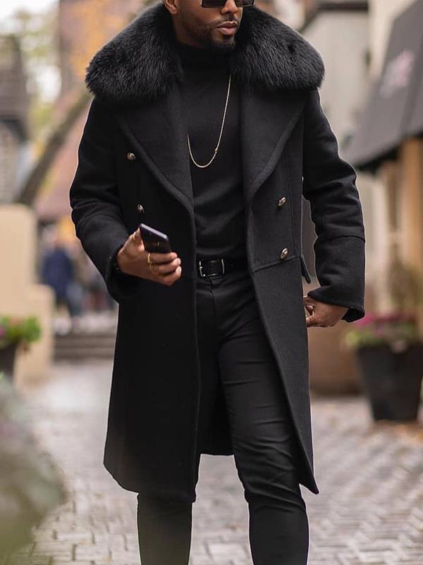 Men's Elegant Wool Jacket with Faux Fur Collar