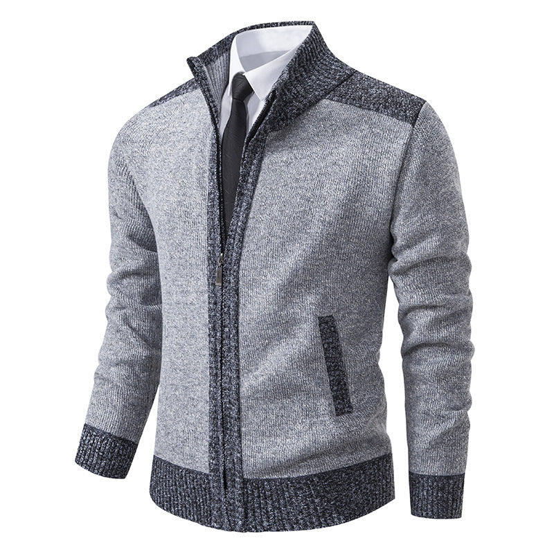 Men's Structured Knit Cardigan with Stand-up Collar and Full Zip