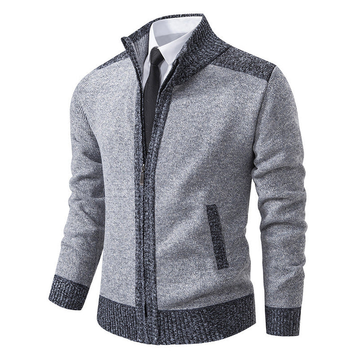 Men's Structured Knit Cardigan with Stand-up Collar and Full Zip