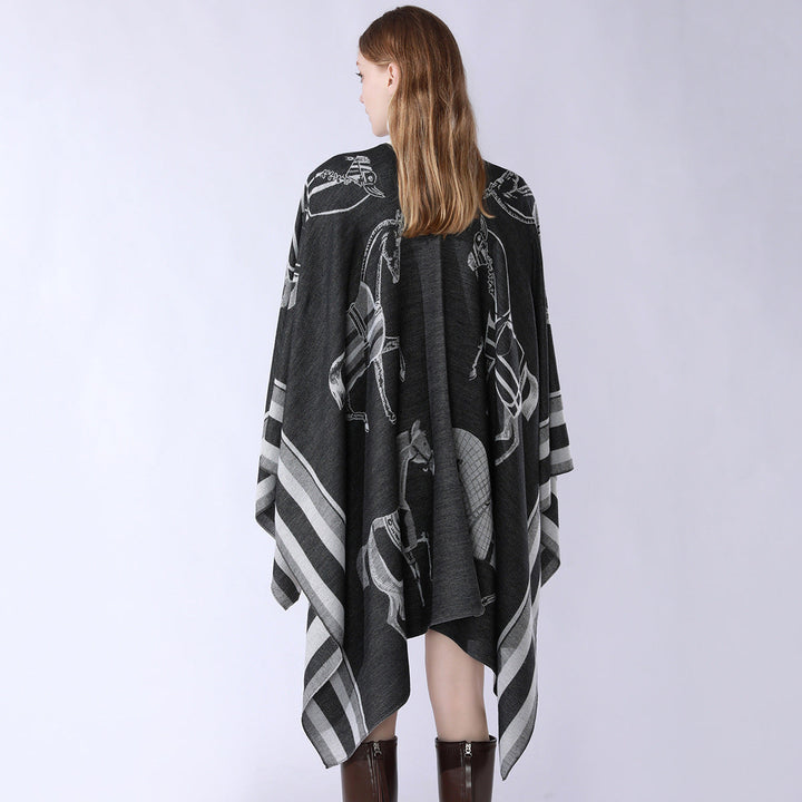 Women Jacquard Poncho Wrap with Horse Motif and Boxy Kimono Silhouette