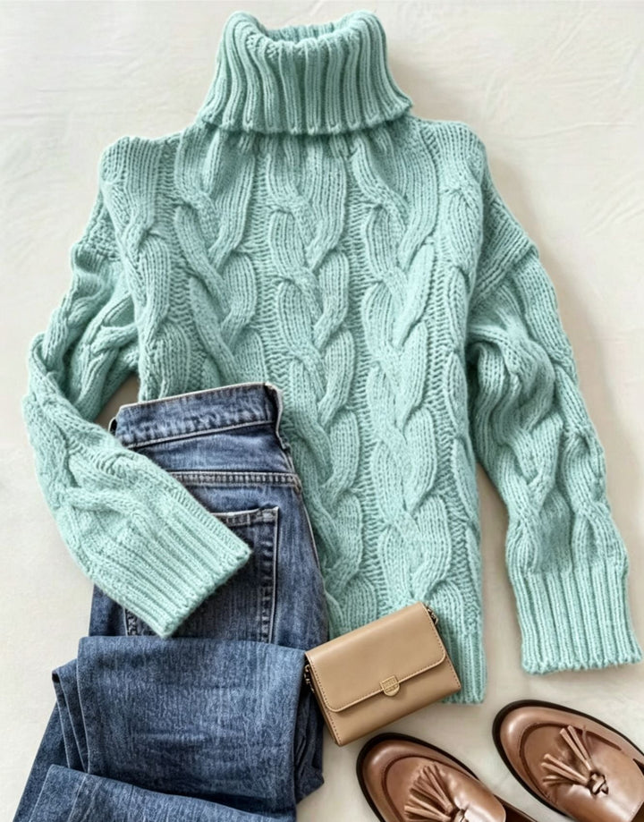 Women's Chunky Knit Turtleneck Sweater with Distinctive Cable Patterns and Ribbed Cuffs