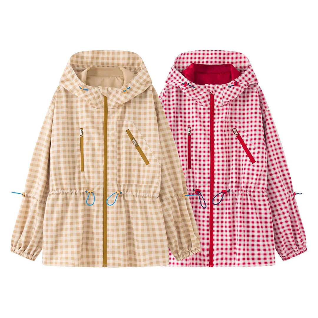 Women's Checkered Rain Parka with Hood, Drawstring Waist and Diagonal Zippered Pockets