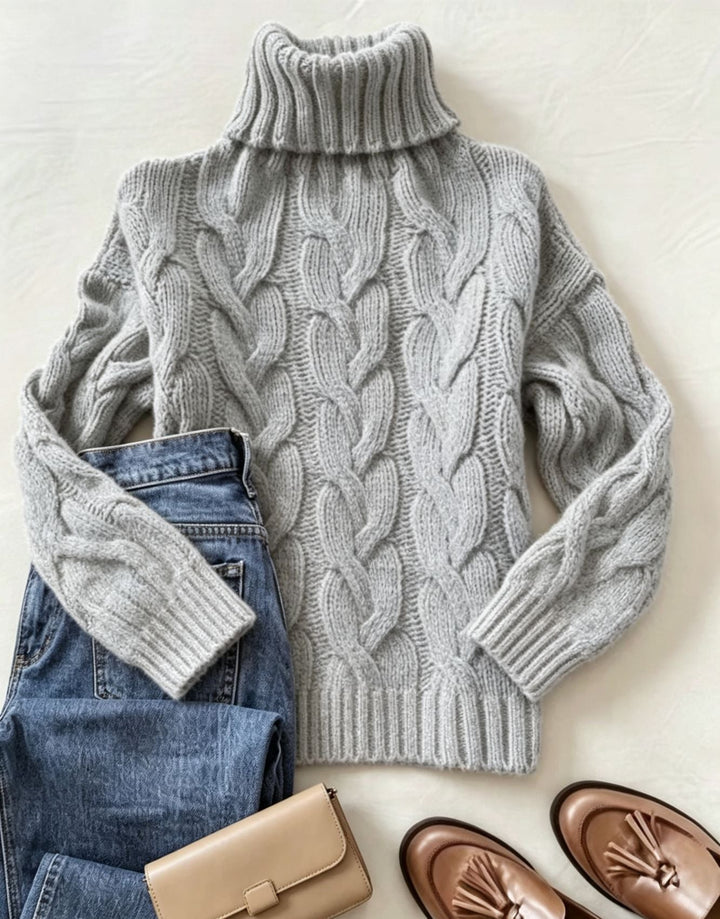 Women's Chunky Knit Turtleneck Sweater with Distinctive Cable Patterns and Ribbed Cuffs