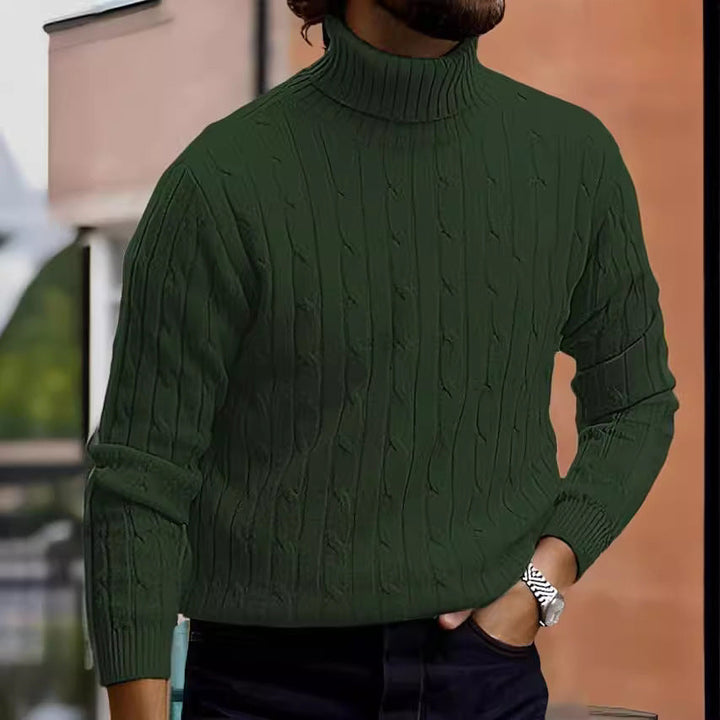 Men's Ribbed Turtleneck Sweater with Cable Knit Pattern and Form-fitting Slim-fit Silhouette