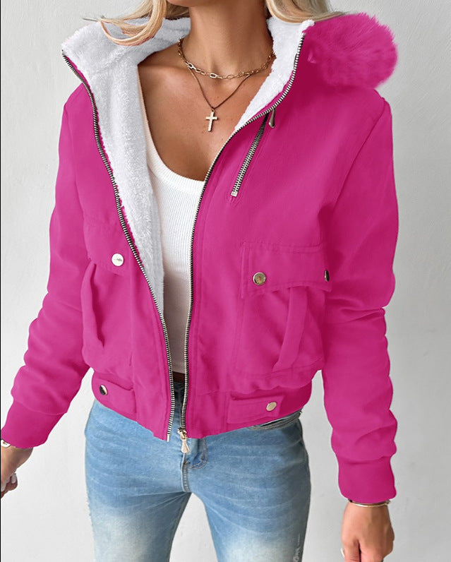 Women's Short Blouson Winter Jacket with Teddy Lining and Removable Faux Fur Hood