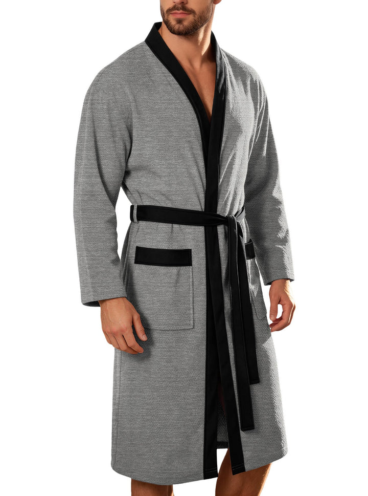 Men's Lightweight Cotton Kimono Bathrobe with Waffle Texture and Patch Pockets