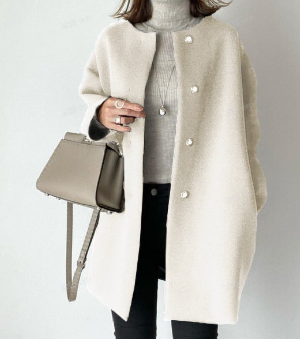 Women Oversized Wool Blend Coat with Pearl Buttons and Straight Cut