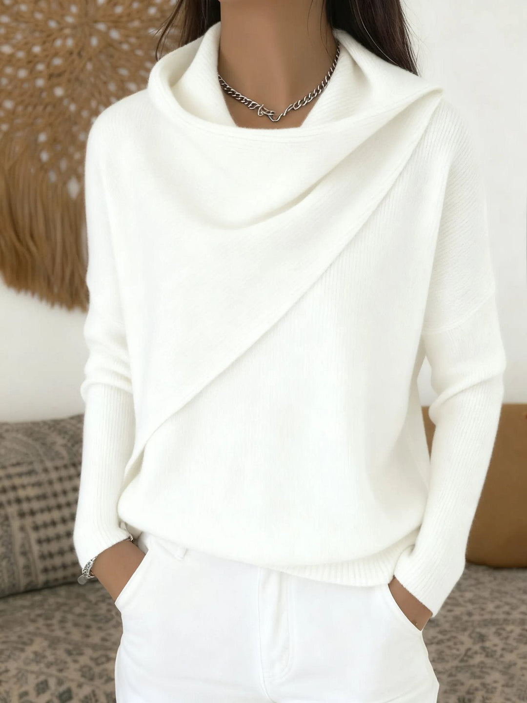 Women's Asymmetric Chunky Knit Sweater with Shawl Collar