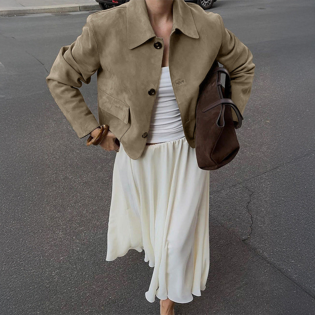 Women's Short-cut Suede Jacket with Shirt Collar and Applied Flap Pockets