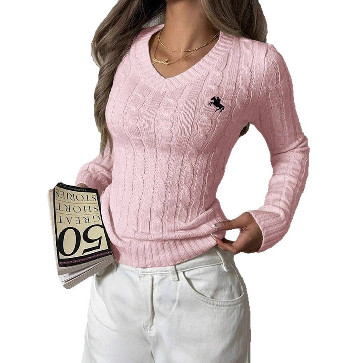 Women's Fine Knit Sweater with V-Neck and Textured Cable Pattern