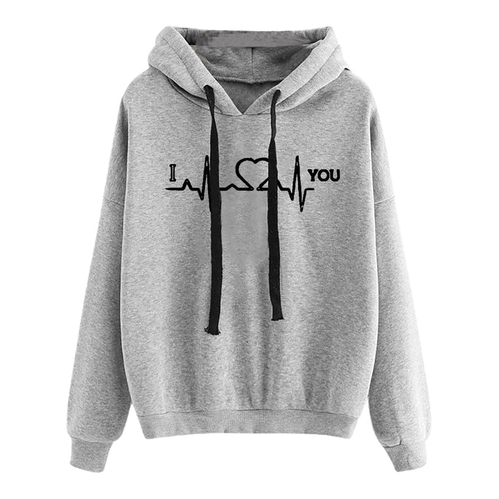 Women Light Oversized Hoodie with Heart EKG Motif, Long Cords and Elastic Cuff