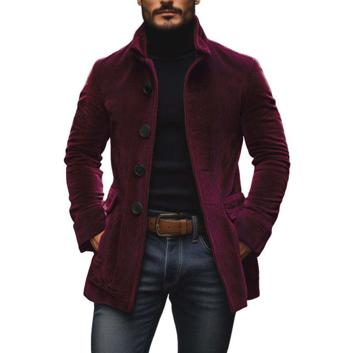 Men's Tailored Cord Coat with Stand-up Collar, Decorative Button Placket and Side Pockets