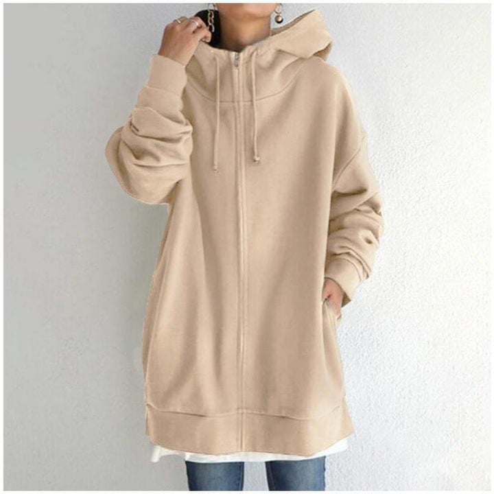 Women's Oversized Hooded Long Pullover with Zipper and Side Pockets
