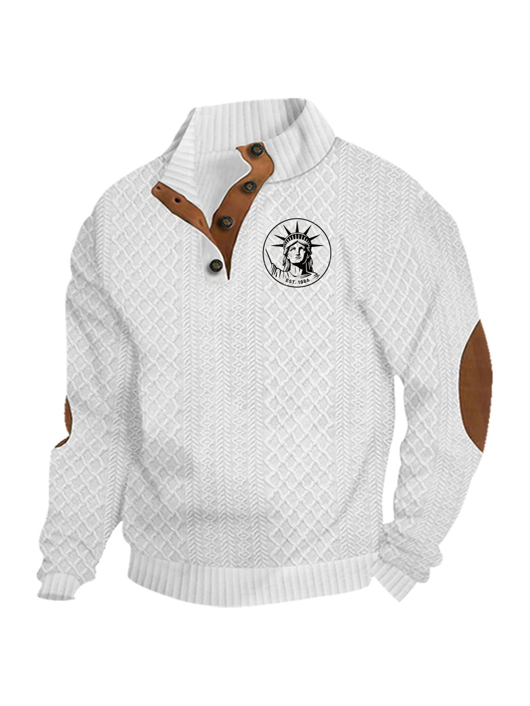 Men's Heritage Textured Pullover with Stand-up Collar Faux Leather Trim Elbow Patches and Half-button Placket