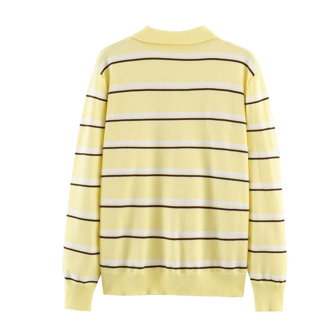 Women's Striped Fine Knit Polo Sweater with Button Placket, Ribbed Cuffs, and Light Wool Blend