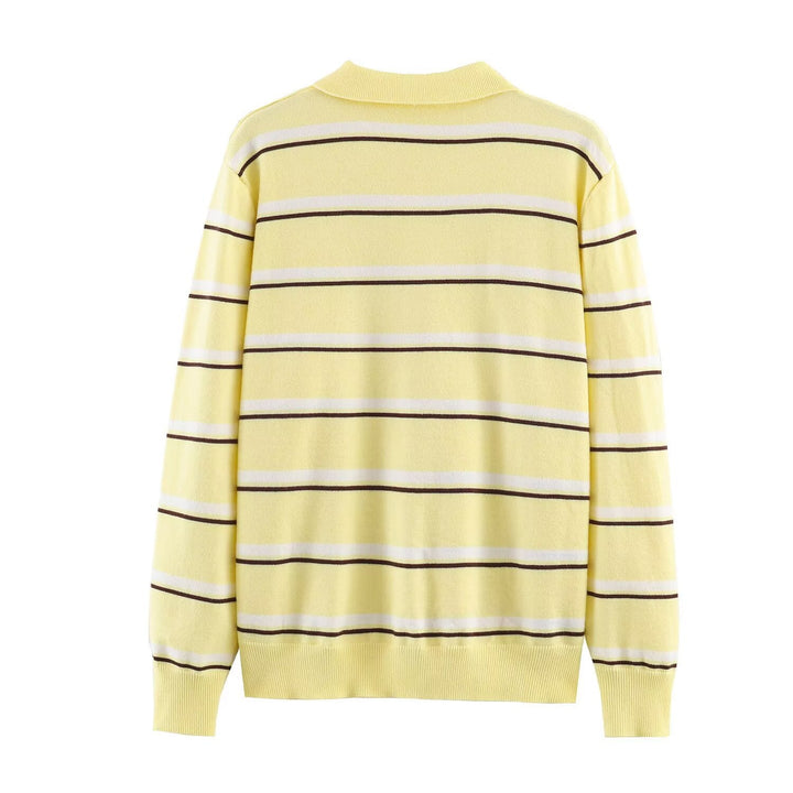 Women's Striped Fine Knit Polo Sweater with Button Placket, Ribbed Cuffs, and Light Wool Blend