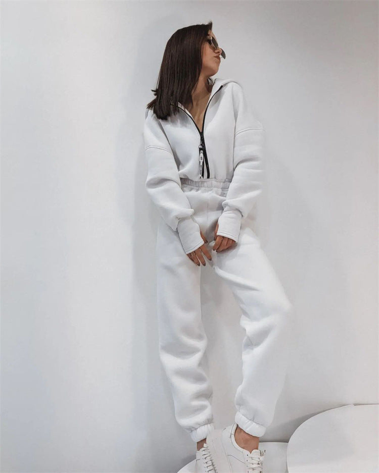 Women's Tailored Hooded Sweat Jumpsuit with Zipper and Elastic Waistband