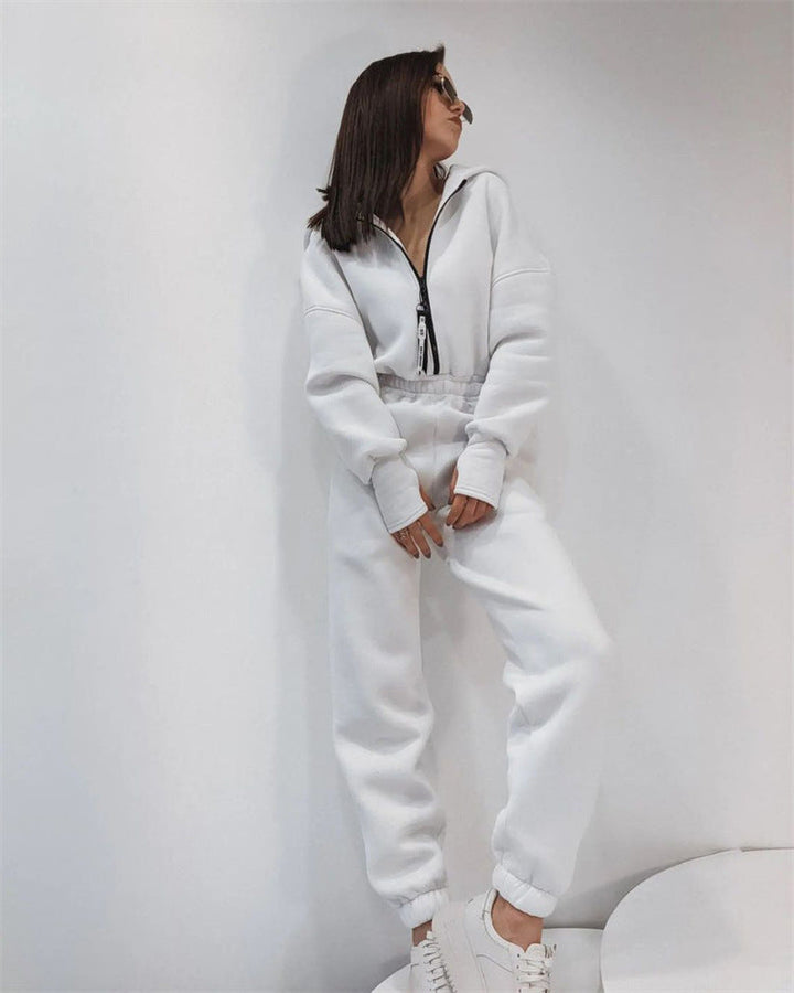 Women's Tailored Hooded Sweat Jumpsuit with Zipper and Elastic Waistband