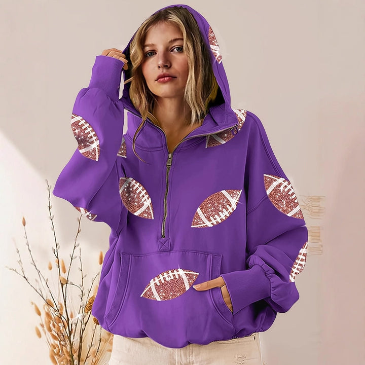 Women's Oversized Hoodie with Half Zipper and Sequin Football Application