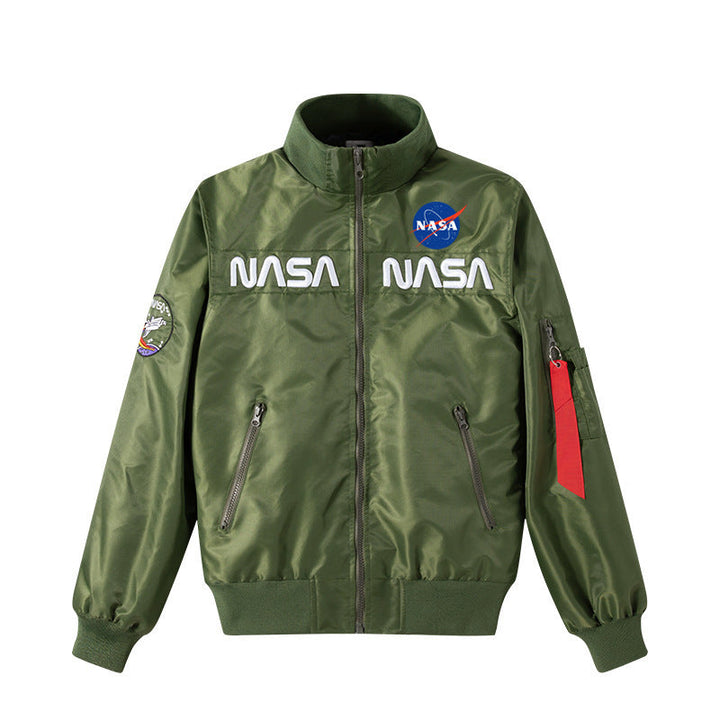 Men's Retro Space-logo Nylon Zip Bomber with Angled Zip Pockets and Utility Sleeve Tab