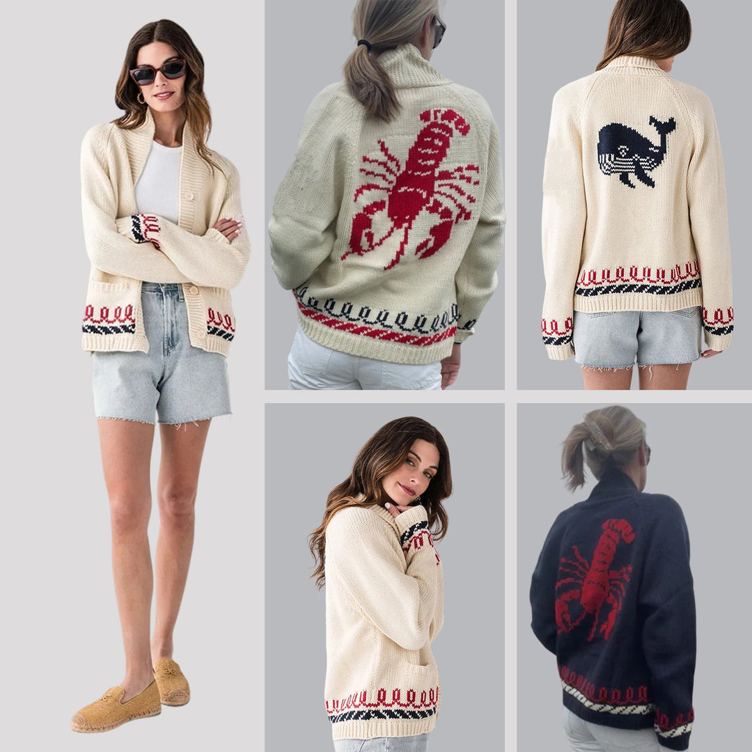 Women's Oversize Knitted Cardigan with Whale Motif and Nautical Contrast Border