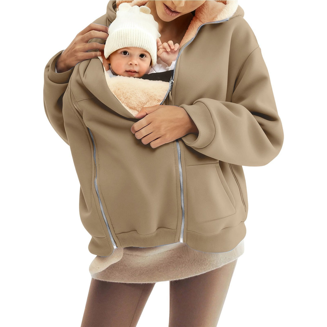 Women Baby Carrier Hoodie with Teddy Lining and Two-way Zipper