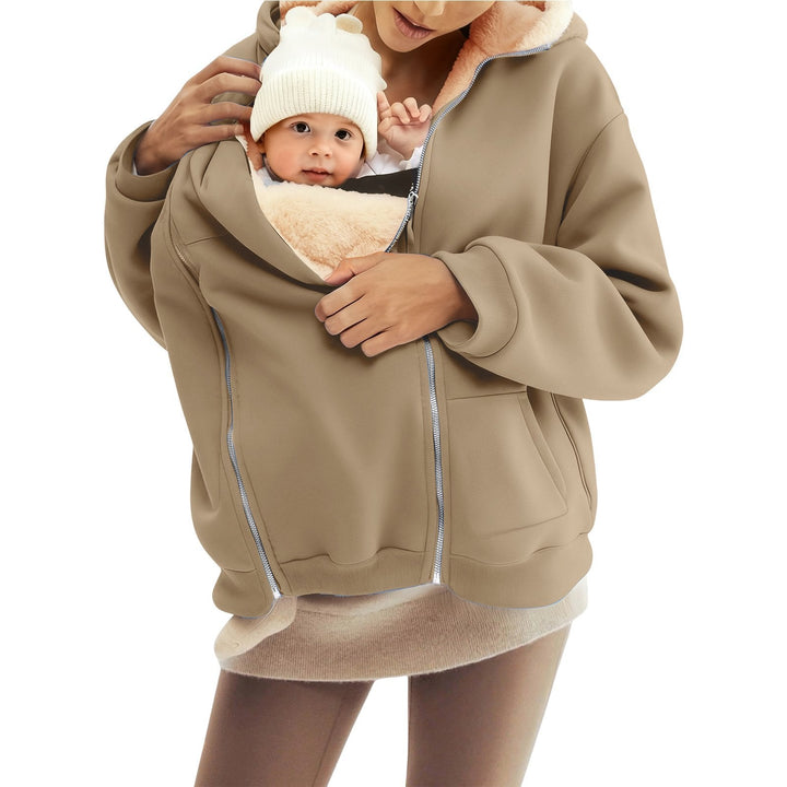 Women Baby Carrier Hoodie with Teddy Lining and Two-way Zipper