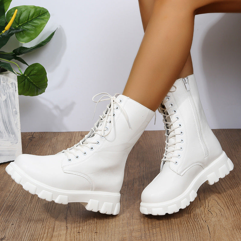 Women's Platform Biker Boots with Side Zipper, Lacing and Distinctive Profile Sole