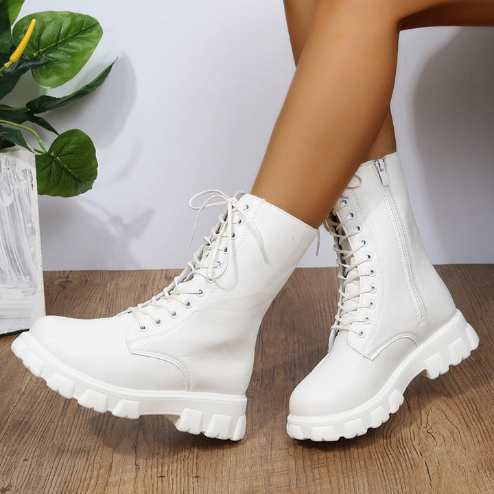 Women's Platform Biker Boots with Side Zipper, Lacing and Distinctive Profile Sole