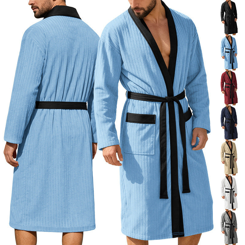 Men's Knee-length Ribbed Kimono-style Bathrobe with Shawl Collar and Contrast Piping